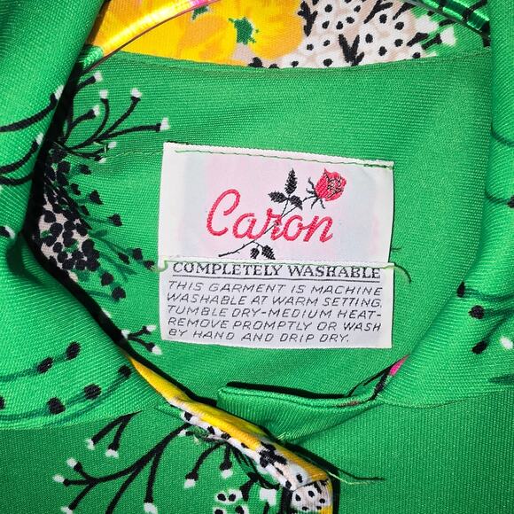 Vintage 70's Caron Shirt Dress Green Floral Print Dagger Collar Knee Length SEE - Picture 4 of 7